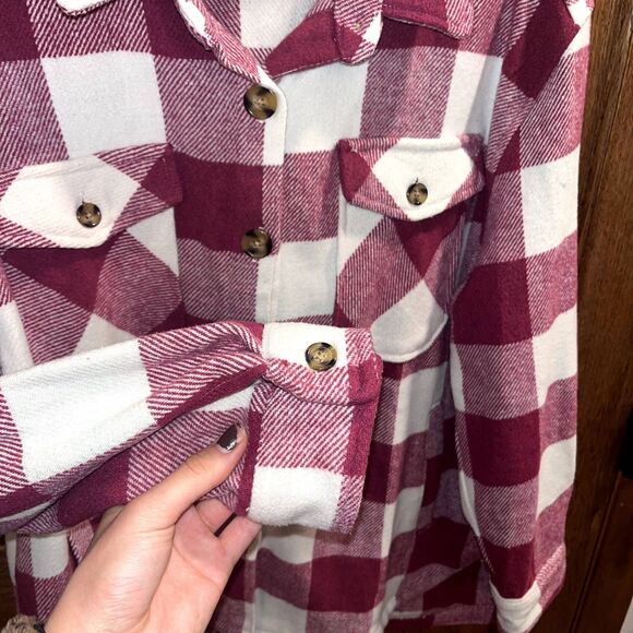 Plaid Flannel Shacket Pink White Cozy Winter Layering Coat Button Up women's 2XL - Picture 6 of 8